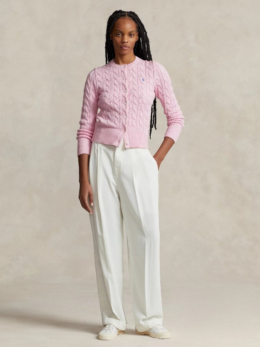 Polo Ralph Lauren Women's Cable-Knit Cotton Crewneck Cardigan - Pink - Picture 2 of 3